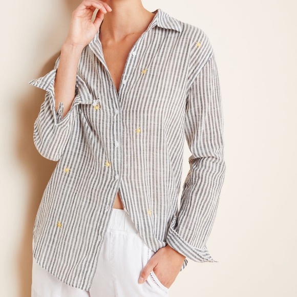 SUNDRY Striped Embroidered Sunshine Button-Down Top - Sz 0 / XS